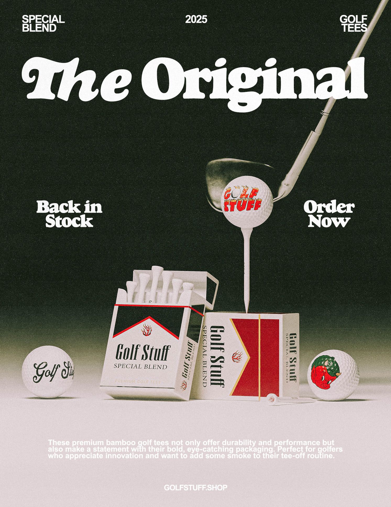 Poster: Golf tees in cigarette-pack-style boxes with golf balls and a club