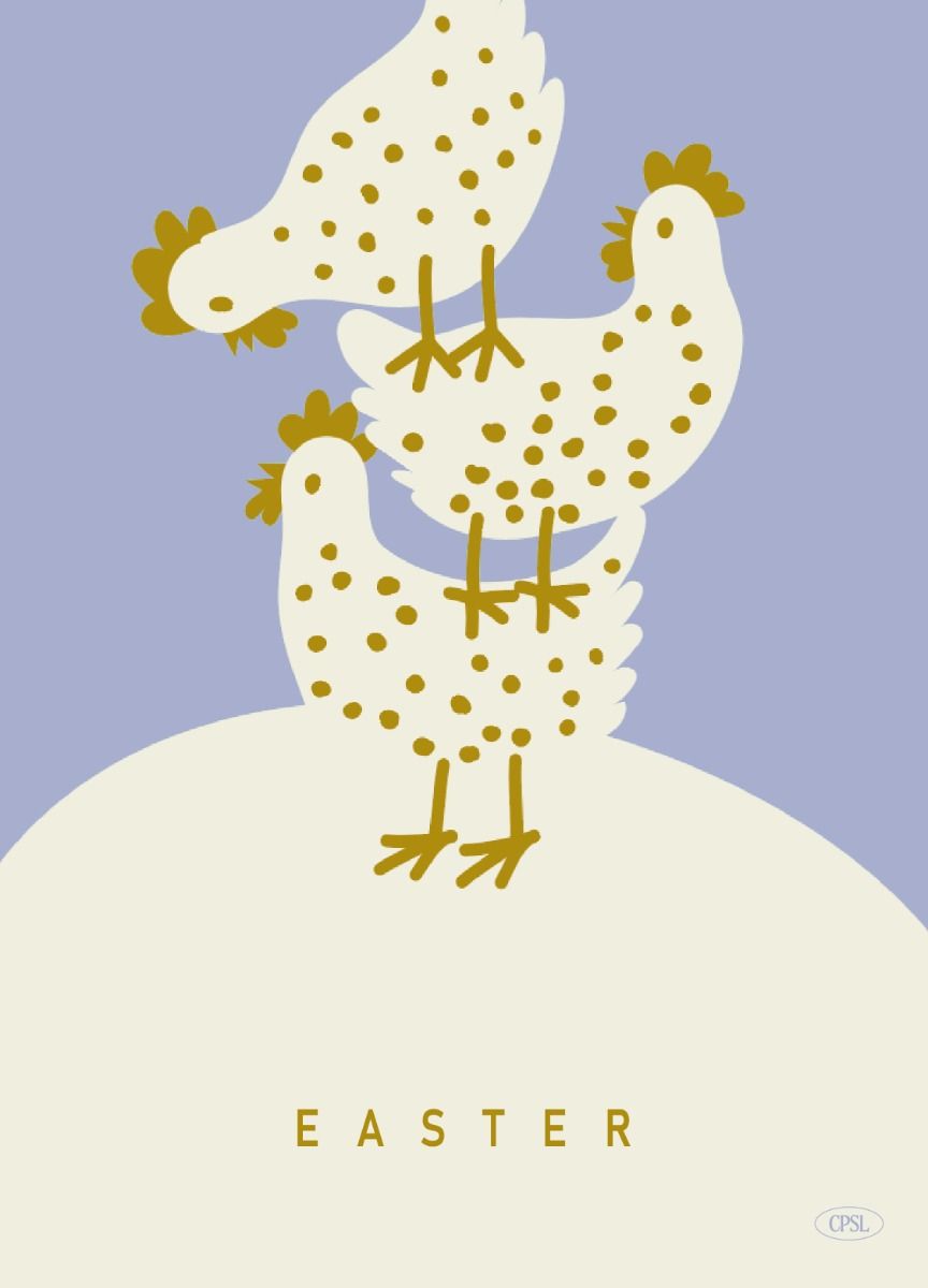 Three spotted hens stacked on a hill