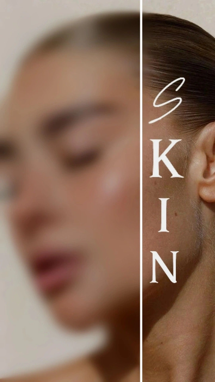 Skin & Cosmetic Clinics creative ad: Sharp/blurred split face with SKIN type