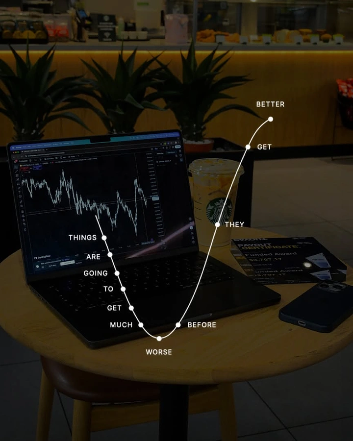 Stock Brokers & Investing creative ad: Text forms J-curve chart, worse then better