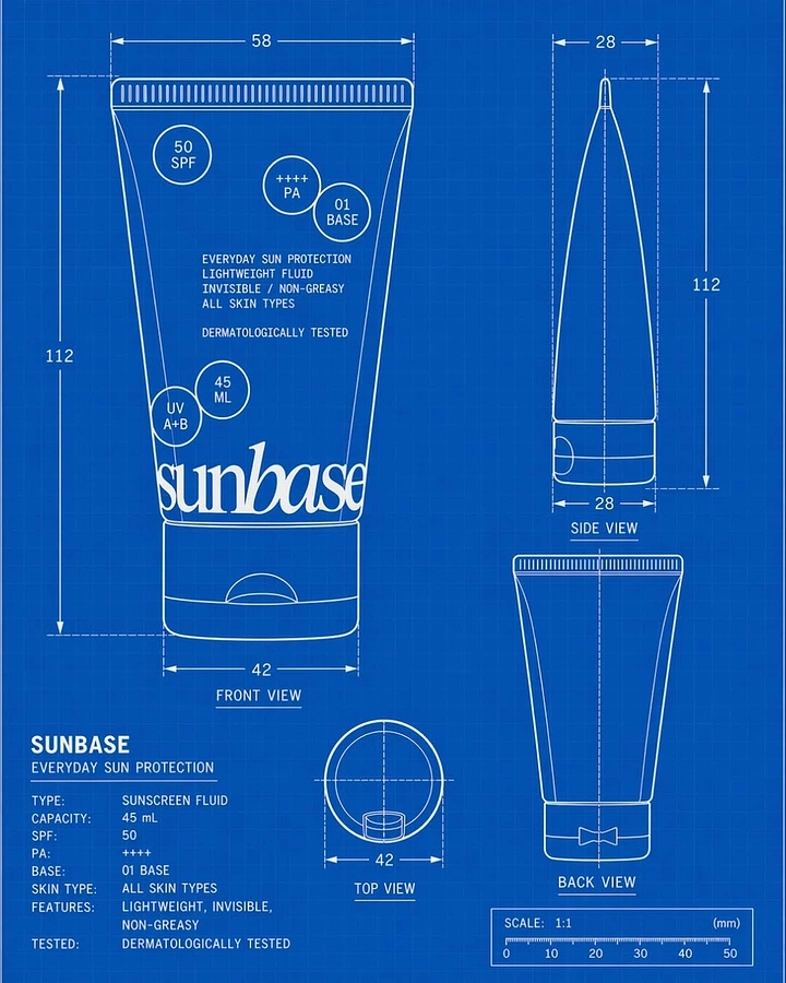 Skincare & Cosmetics creative ad: Blueprint technical drawing of a sunscreen tube from multiple views