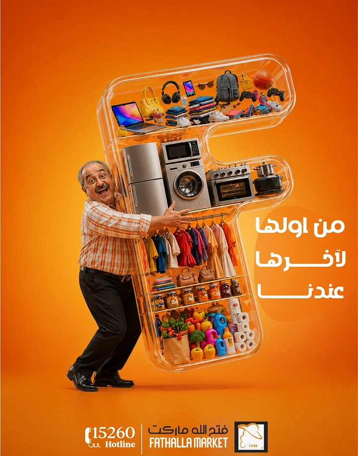 Ecommerce creative ad: Excited man hugging a giant clear-acrylic letter F filled with products