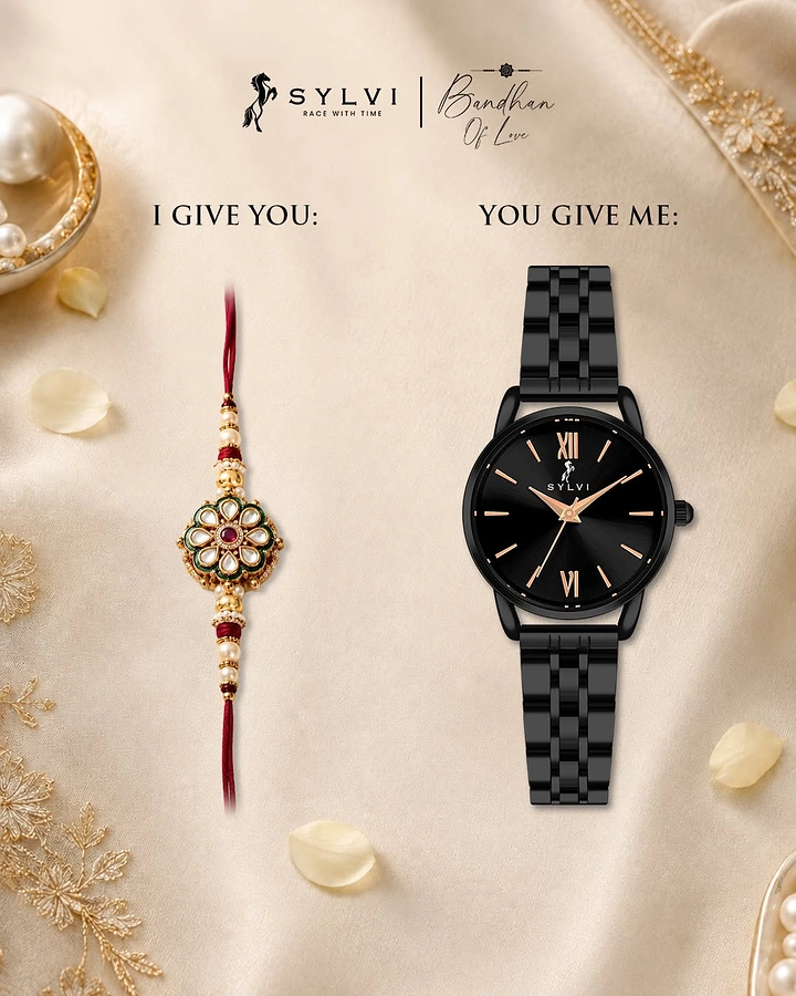 Bhai Dooj creative ad: A decorative rakhi paired with a black metal wristwatch