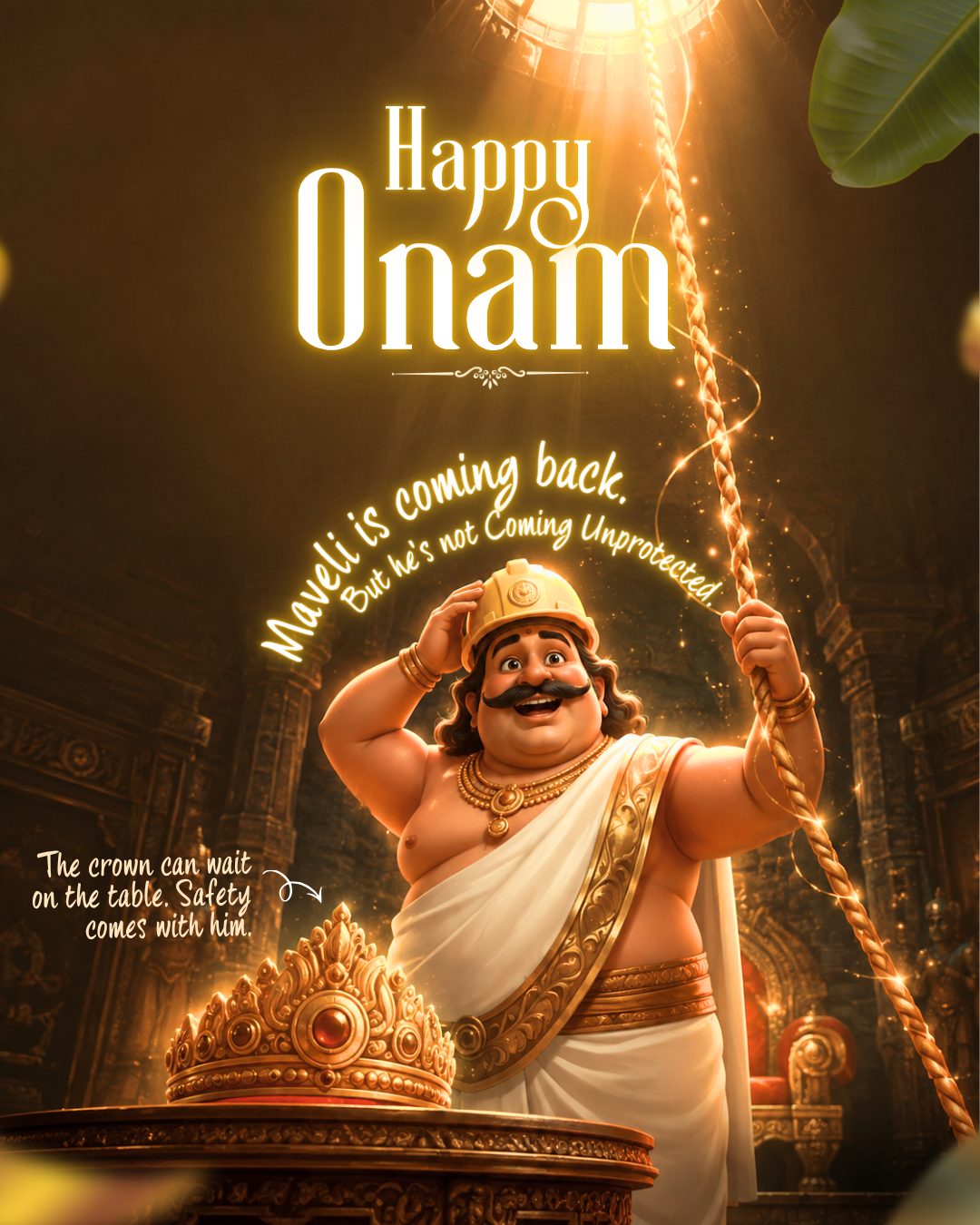 3D cartoon King Mahabali wearing a safety helmet, climbing up on a rope beside his crown