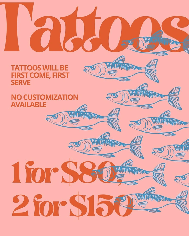 Tattoo Studios creative ad: Repeated fish flash as pattern, bold type