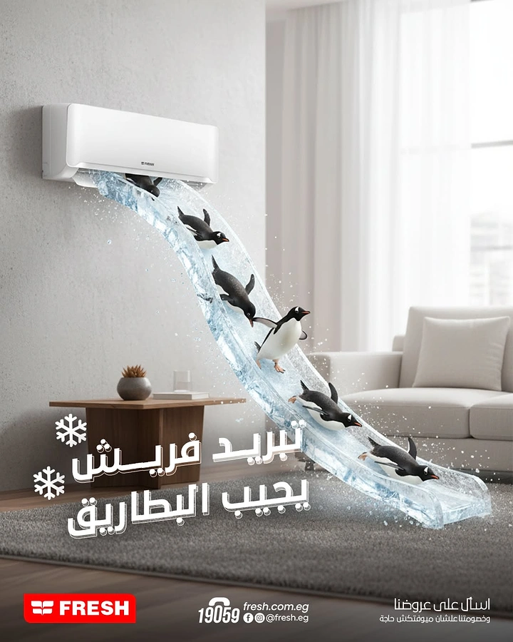 Home Appliances creative ad: Penguins sliding down an icy water chute that flows from a wall AC