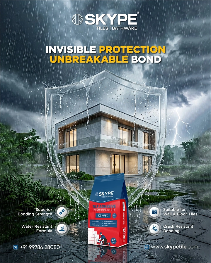 Waterproofing creative ad: Transparent shield protecting a modern house in a rainstorm, with an adhesive bag