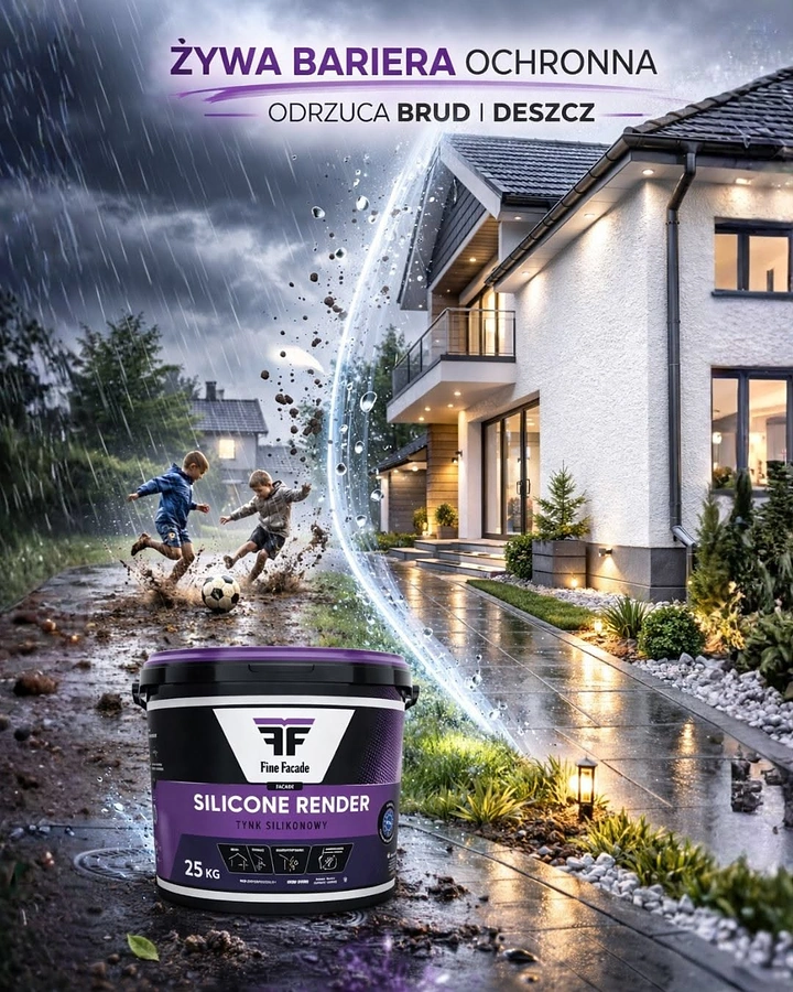 Waterproofing creative ad: Render bucket in front of a house shielded from storm and mud