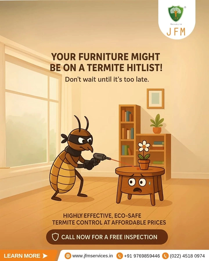 Pest Control creative ad: Burglar termite drilling scared furniture, hitlist pun