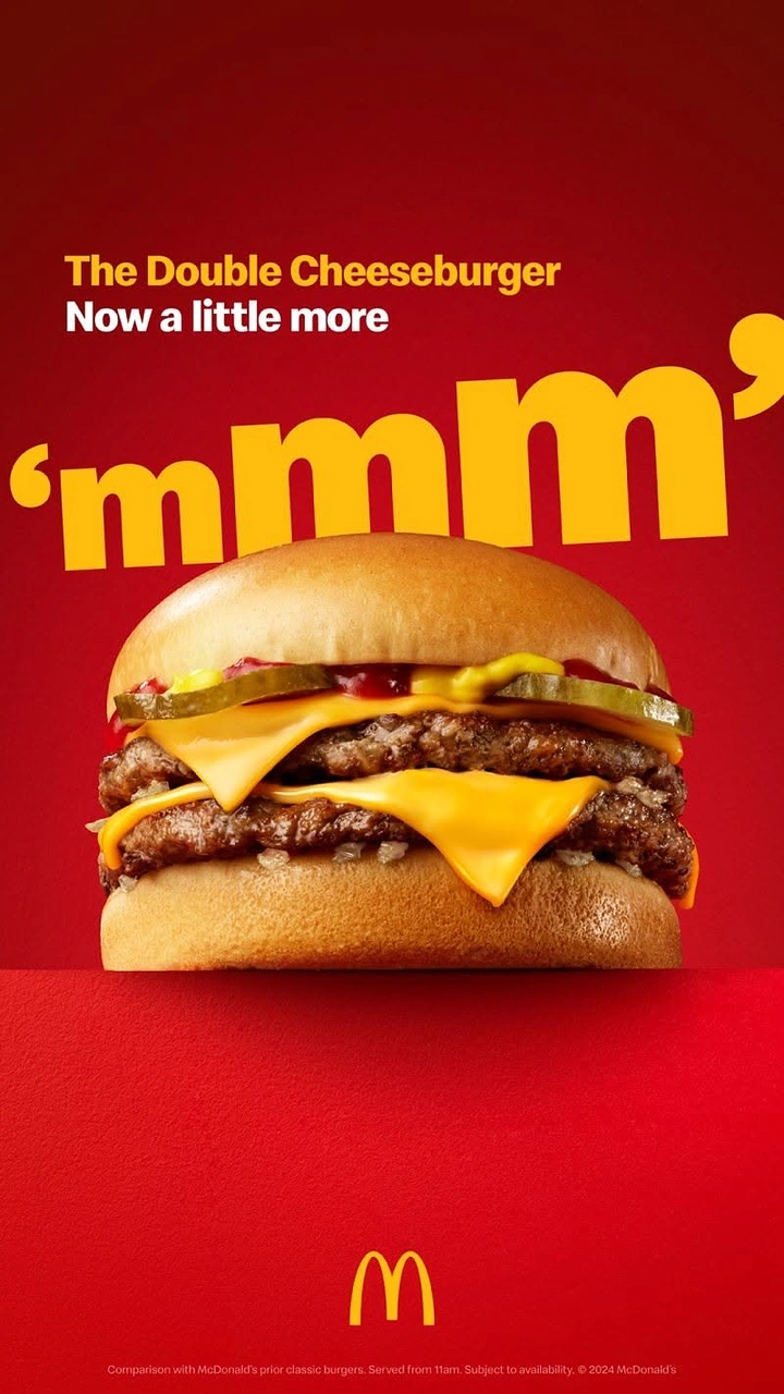 Fast Food creative ad: Double cheeseburger with melting cheese on a red ledge