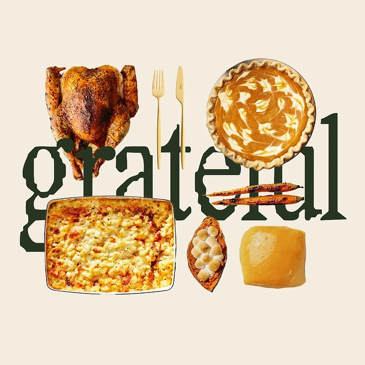 Thanksgiving creative ad: Cut-out Thanksgiving dishes layered over a giant word