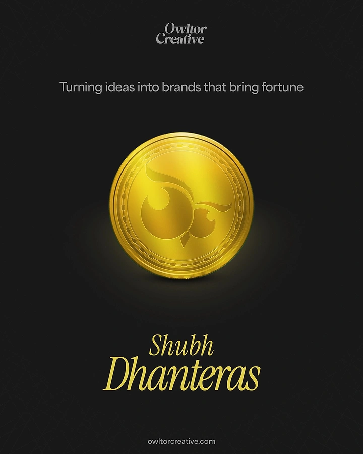 Dhanteras creative ad: Single glossy gold coin embossed with the brand's owl logo