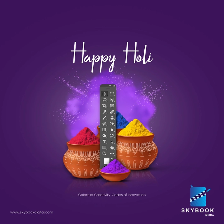 Holi creative ad: Clay pots of gulal with a design software toolbar standing among them