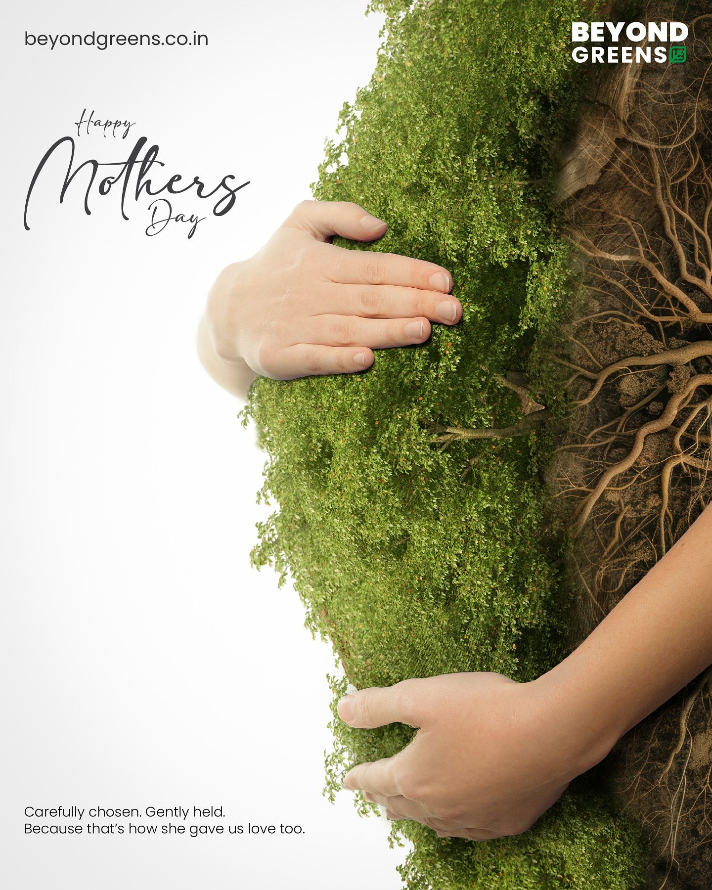 Hands tenderly holding a mossy green form with roots in the soil behind it