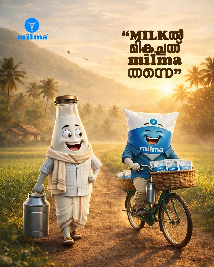 Dairy Brands creative ad: Characterful milk bottle and pack duo