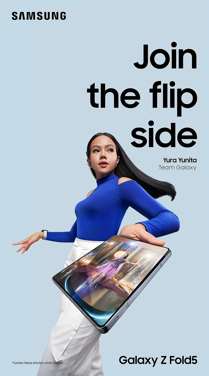 Creative ad: Female ambassador in a cobalt top holding an open foldable phone