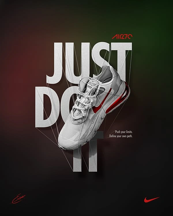 Creative ad: Grey and red sneaker suspended by thin strings over large grey letters