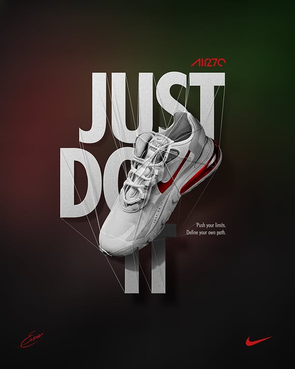 Instagram post: Grey and red sneaker suspended by thin strings over large grey letters