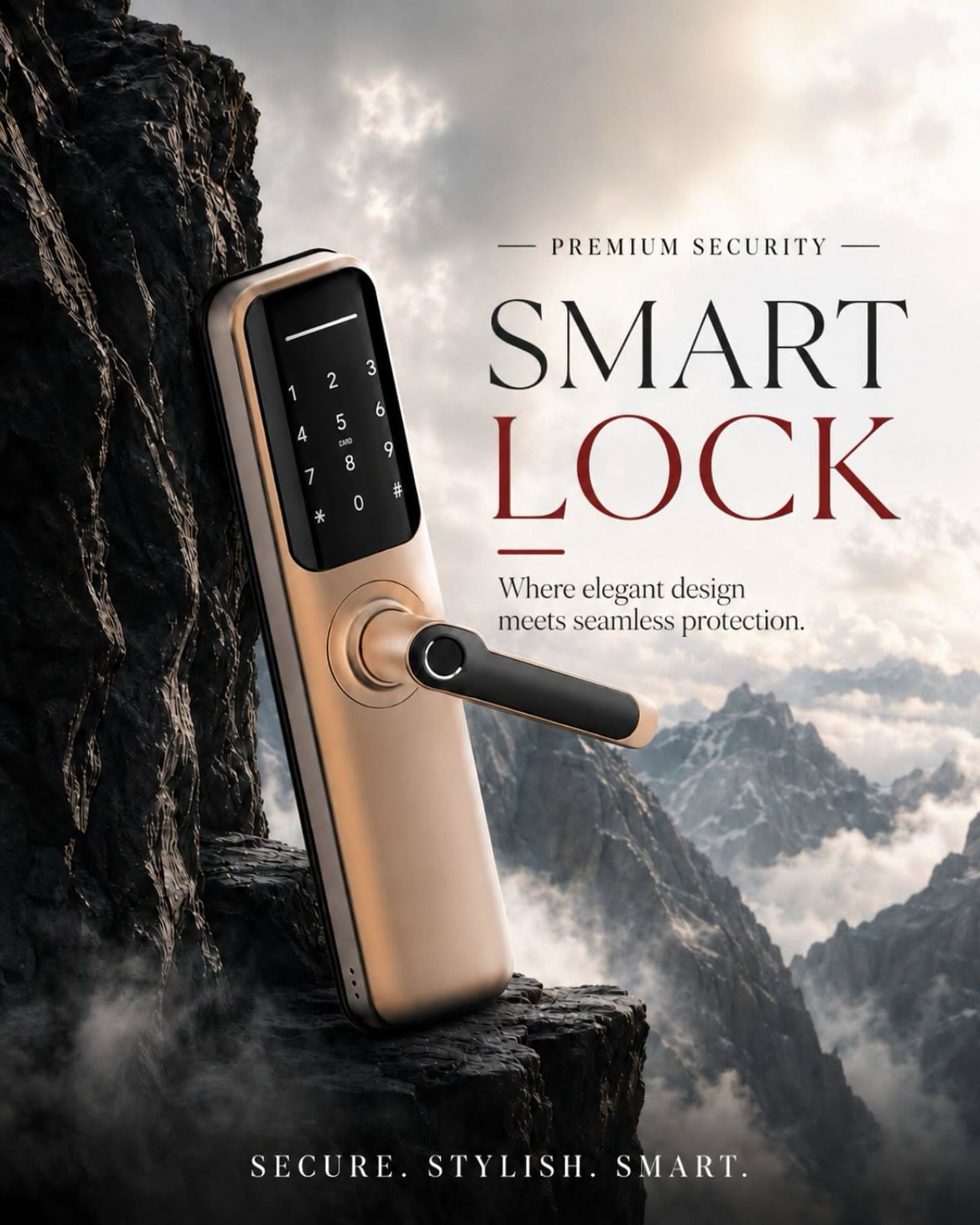 Poster: A champagne-metal smart lock standing on a rugged mountain ledge