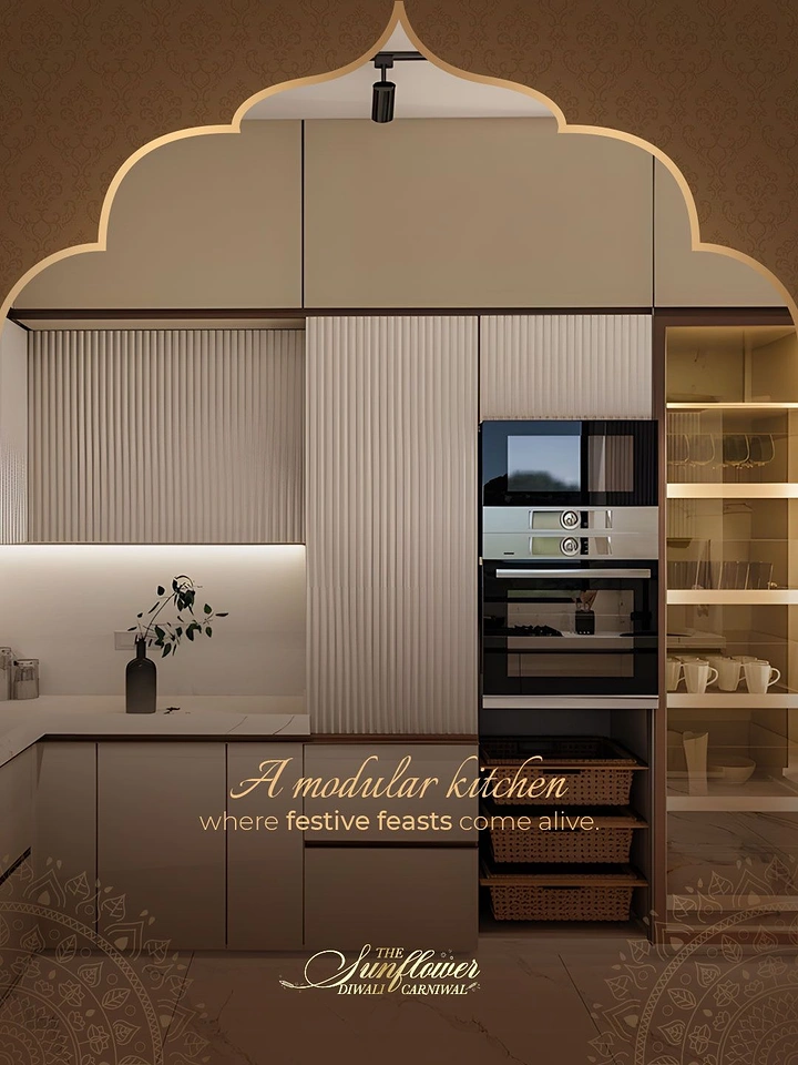 Diwali creative ad: An elegant fluted modular kitchen framed by a grand gold-trimmed arch