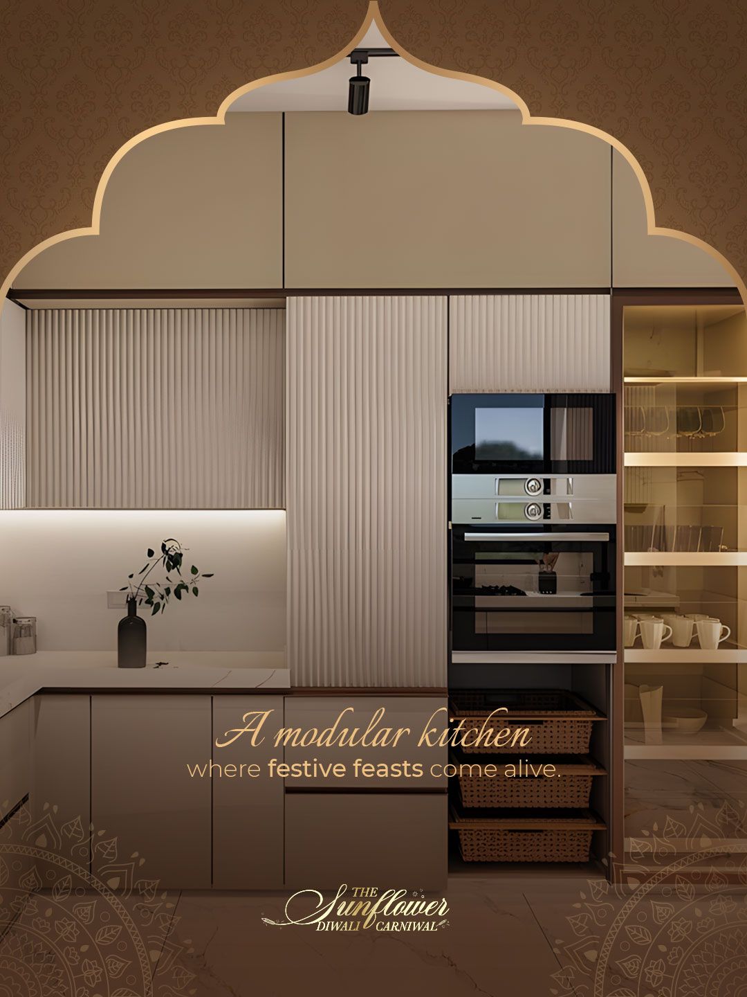 Diwali Poster: An elegant fluted modular kitchen framed by a grand gold-trimmed arch