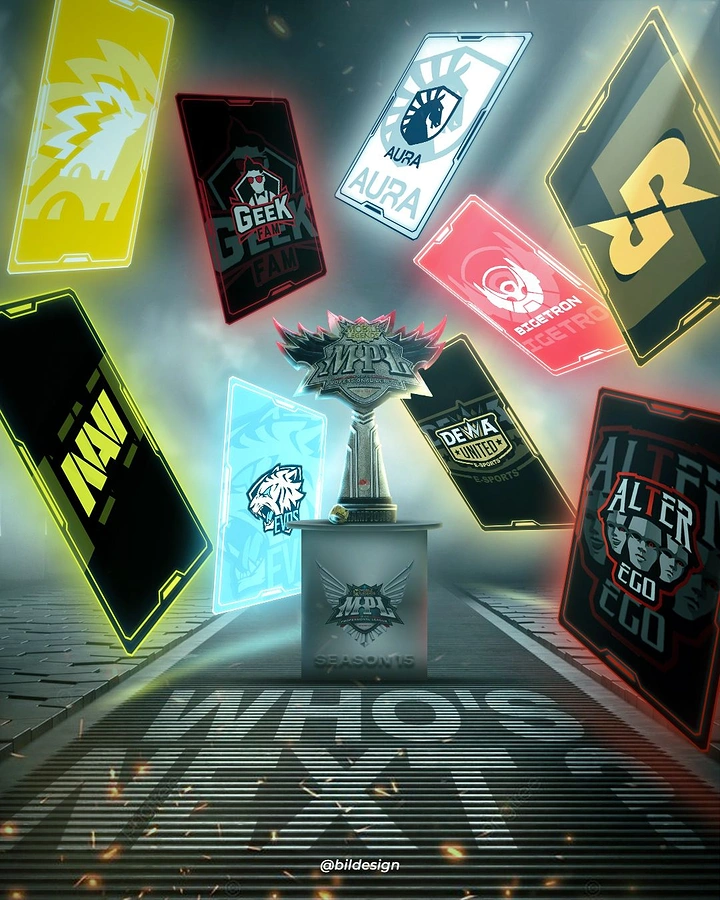 Gaming & Esports creative ad: Team cards floating around trophy, who's next