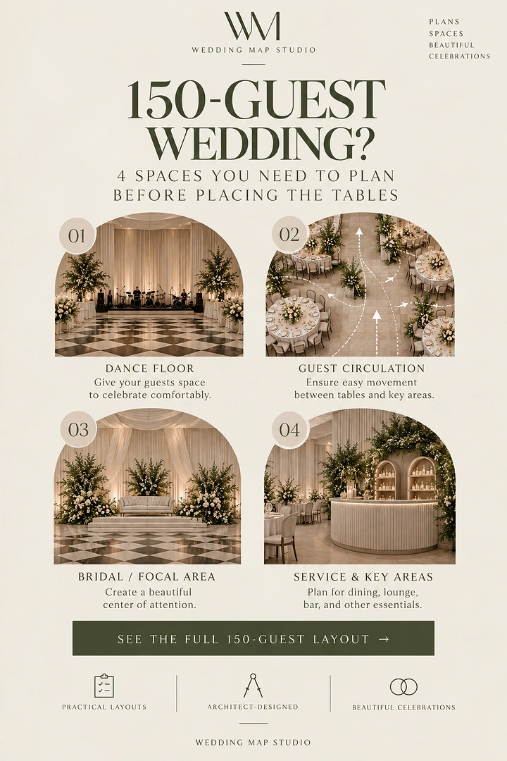 Banquet Halls & Venues creative ad: Editorial 150-guest layout guide with arches