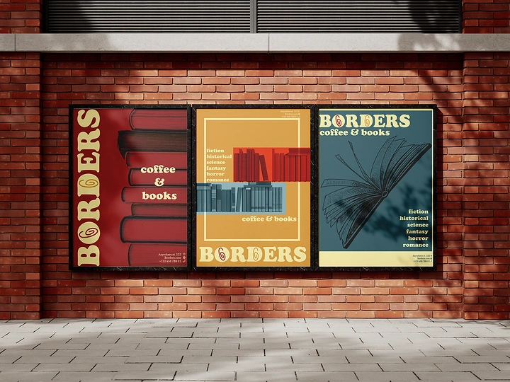 Bookstores creative ad: Retro Borders posters, brand name on book spines