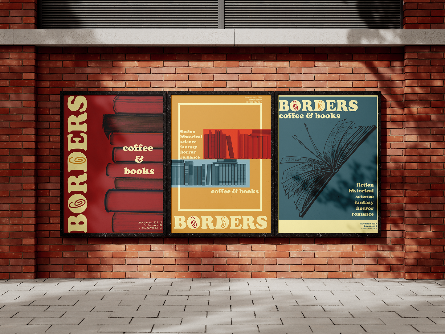 Retro Borders posters, brand name on book spines