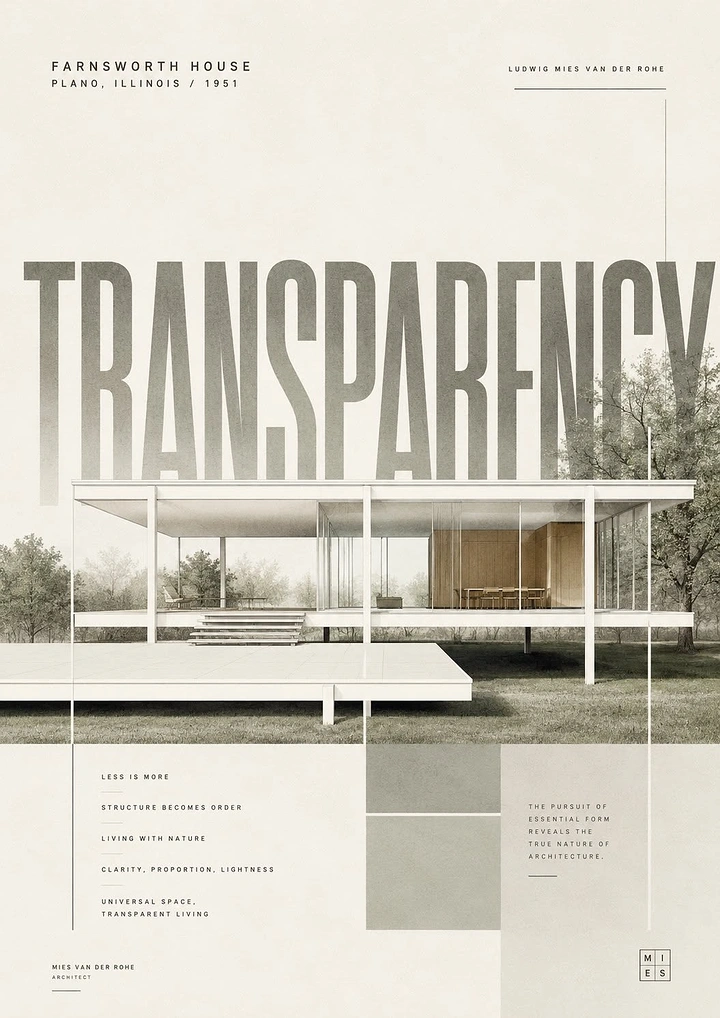 Real Estate creative ad: Modernist glass house rendering beneath a giant headline