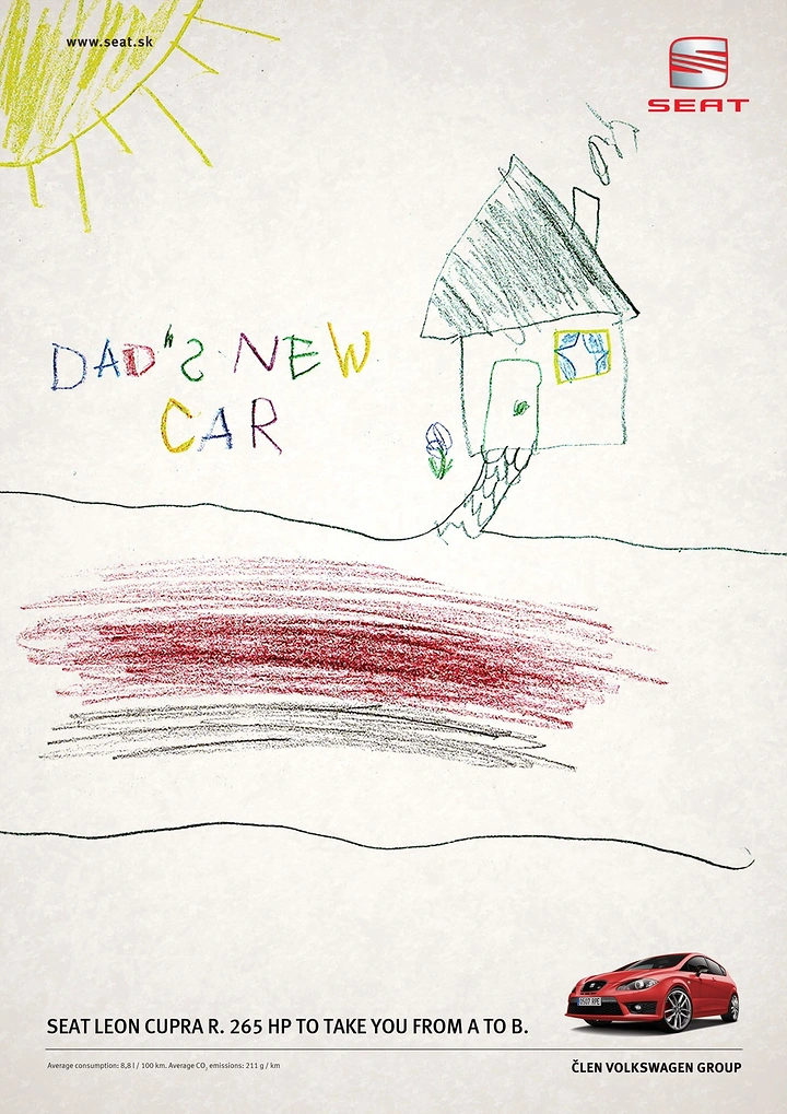Father's Day creative ad: Child's crayon drawing where the car is a fast red scribble blur