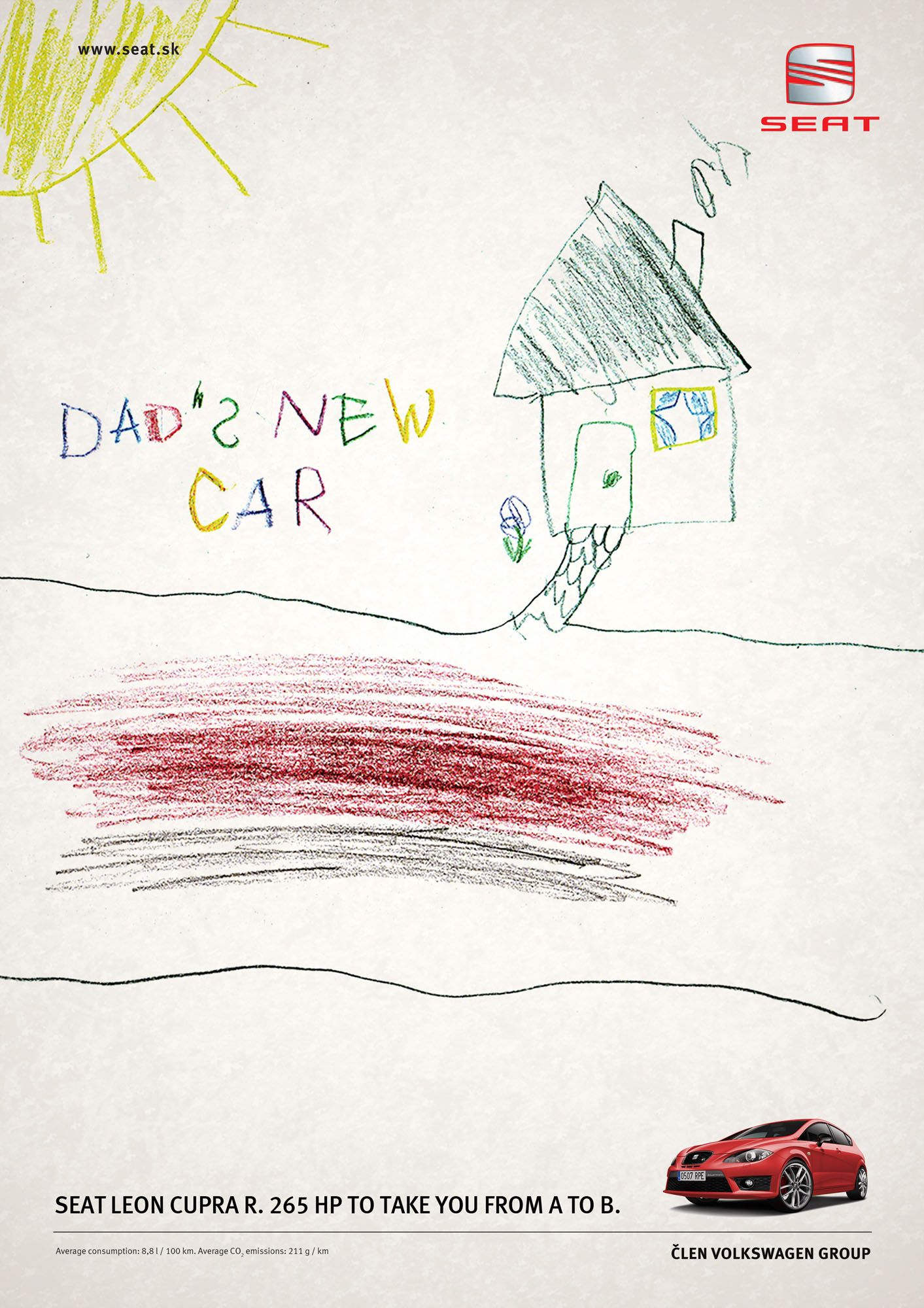 Child's crayon drawing where the car is a fast red scribble blur