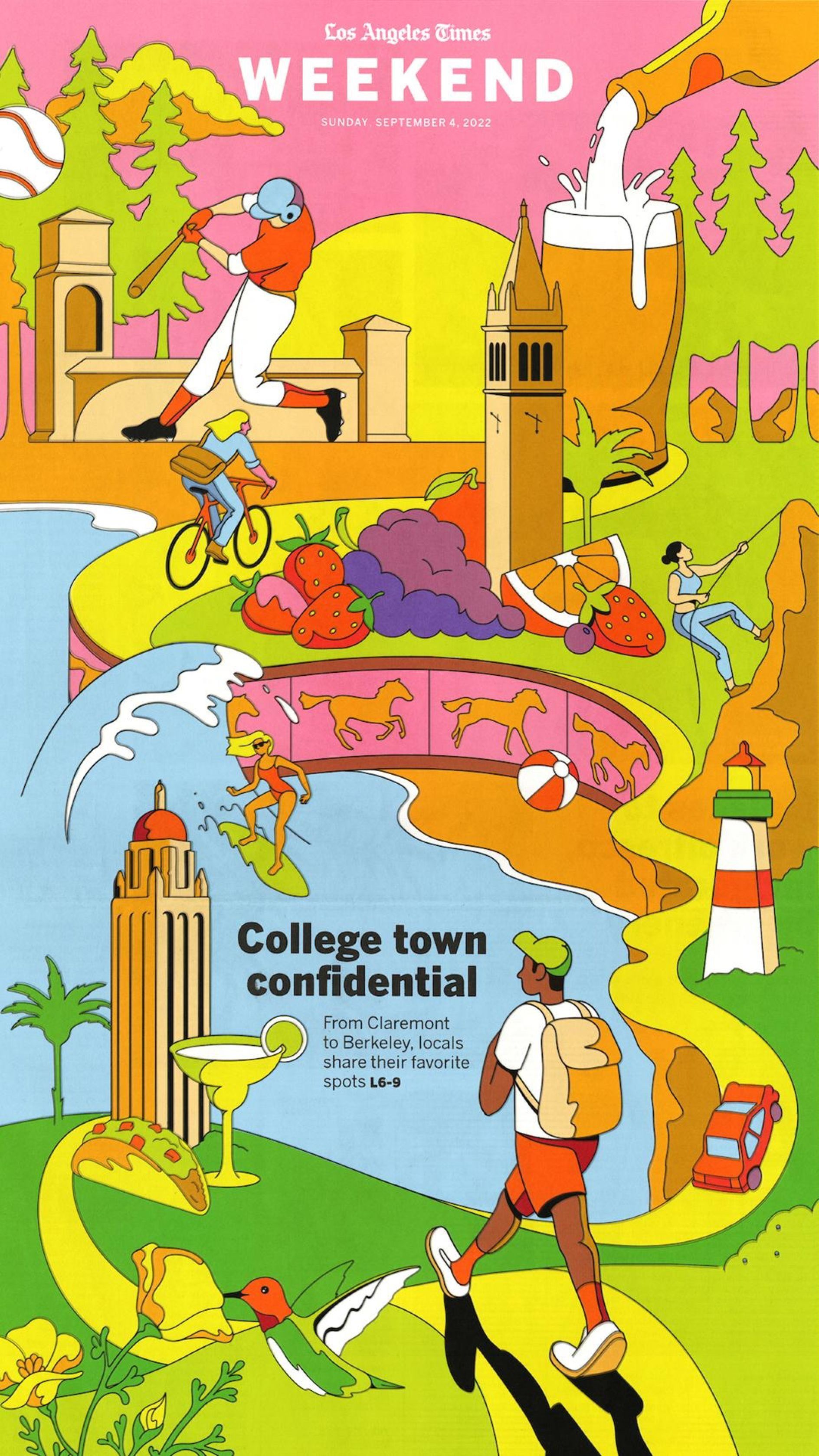 Story: Winding illustrated landscape of California college-town landmarks and activities