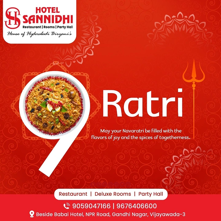 Navratri creative ad: Top-down biryani plate set inside a large white numeral 9
