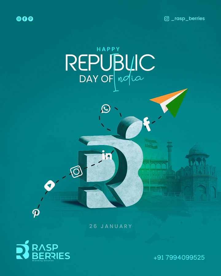 Republic Day creative ad: 3D stone brand-letter monogram with tricolour paper plane