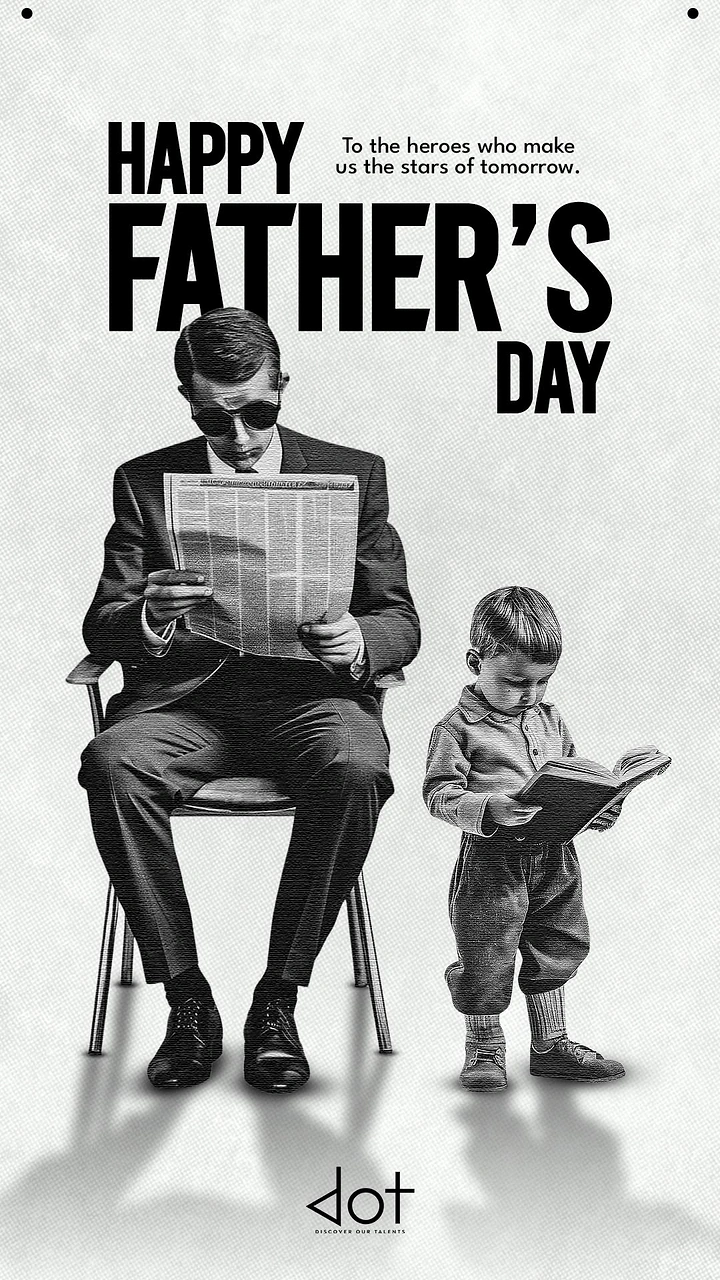 Father's Day creative ad: Father reading newspaper beside son mimicking him with a book