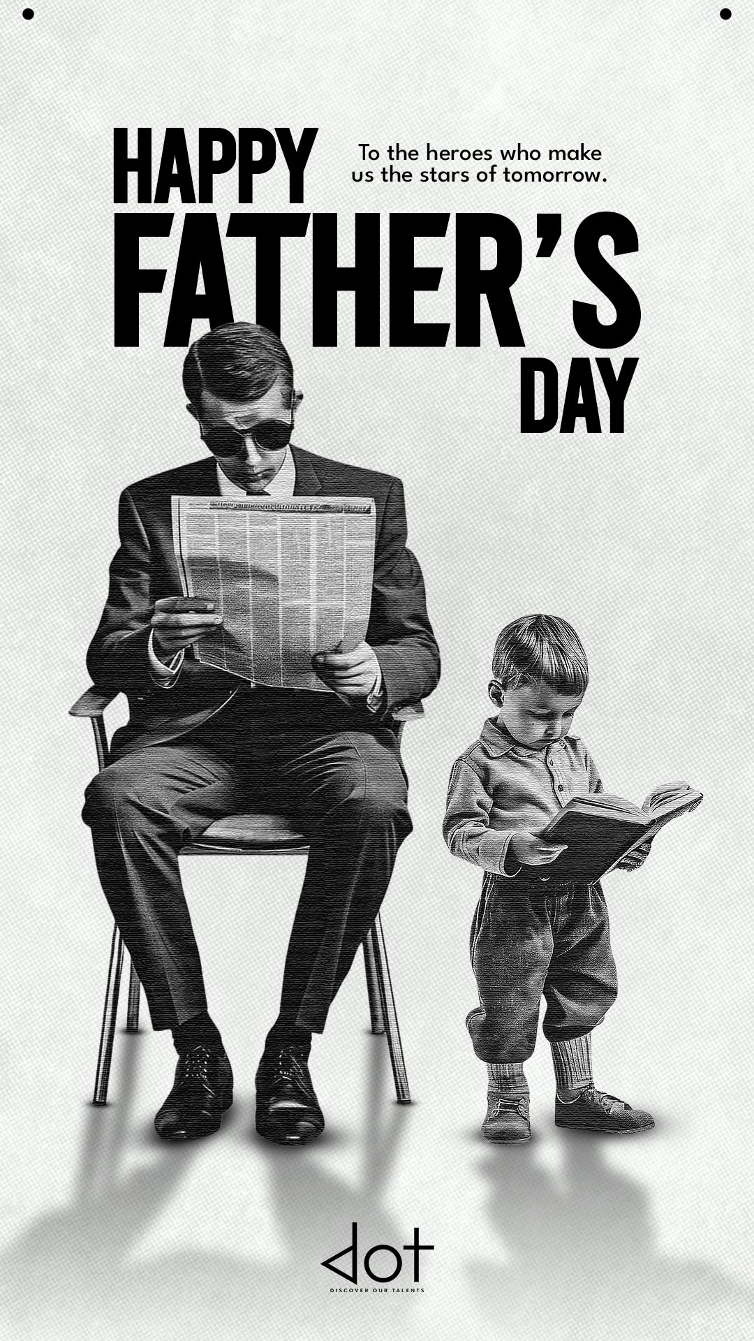 Father reading newspaper beside son mimicking him with a book