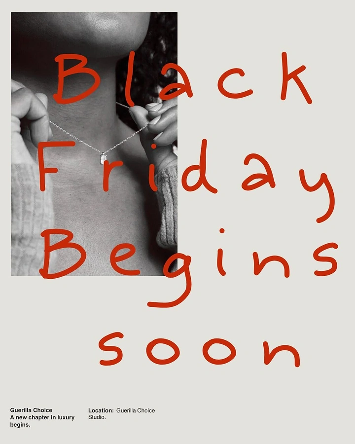 Black Friday creative ad: B&W close-up of hands fastening a pendant necklace