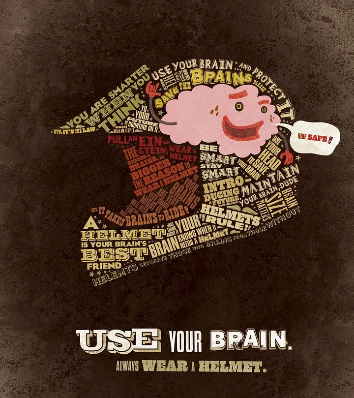 Helmets & Riding Gear creative ad: Brain-shaped typography reinforces message