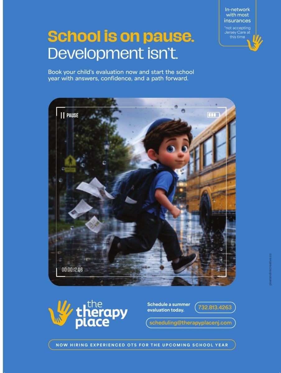 Poster: 3D animated schoolboy with a backpack running past a school bus in the rain
