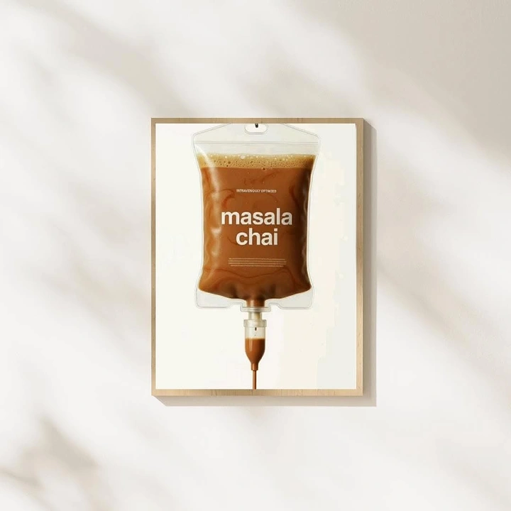 Tea & Chai Brands creative ad: Masala chai in a medical IV drip bag, shown as a framed poster