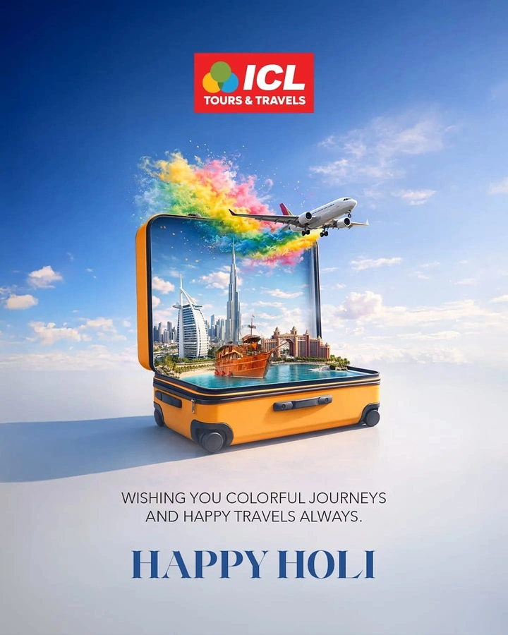 Holi creative ad: Open orange suitcase holding a Dubai skyline diorama, with a jet trailing rainbow gulal