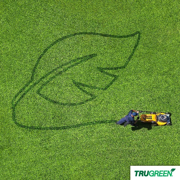 Landscaping & Gardening creative ad: Riding mower tracing a leaf shape across a lawn