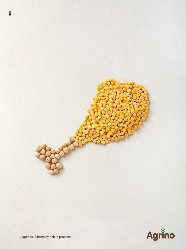 Organic & Farm Produce creative ad: Chicken drumstick shape made from yellow split peas and chickpeas