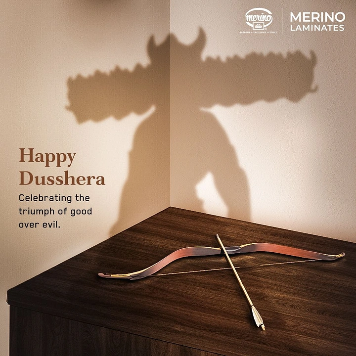 Dussehra creative ad: Bow and arrow on a wooden tabletop casting a ten-headed Ravan shadow on the wall