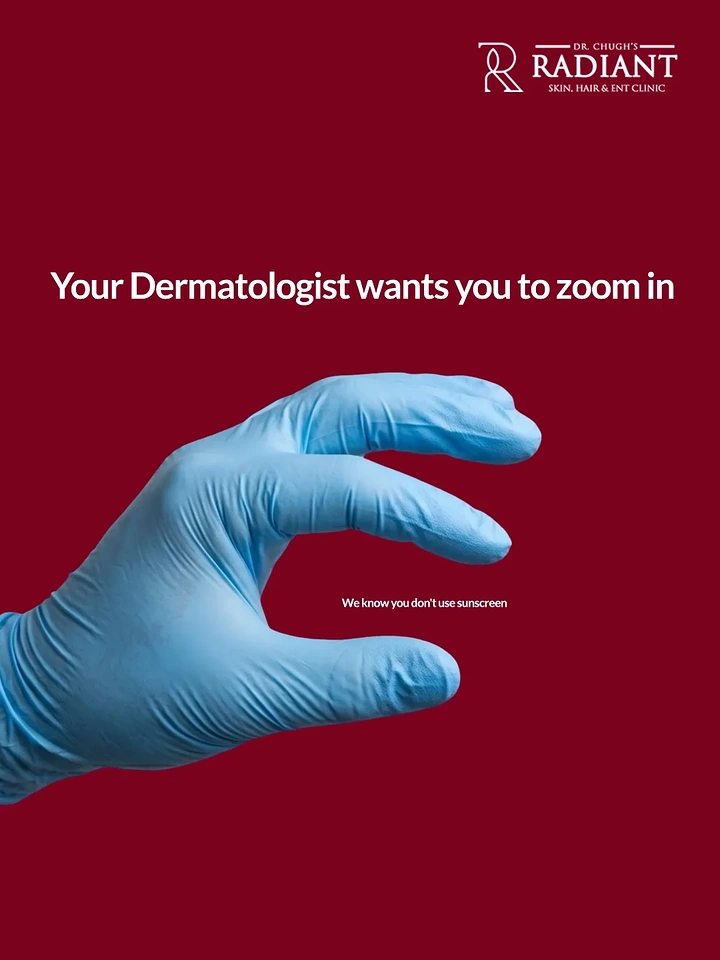 Skin & Cosmetic Clinics creative ad: Gloved zoom-pinch gesture, witty sunscreen jab
