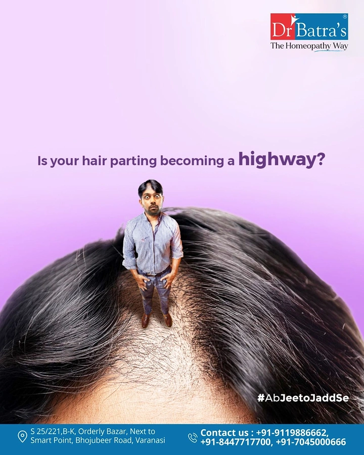 Hair Transplant & Hair Clinics creative ad: Hair parting as a highway, tiny man