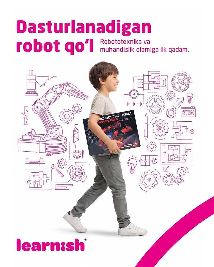 Robotics & STEM Classes creative ad: Child enters a schematic robotics world