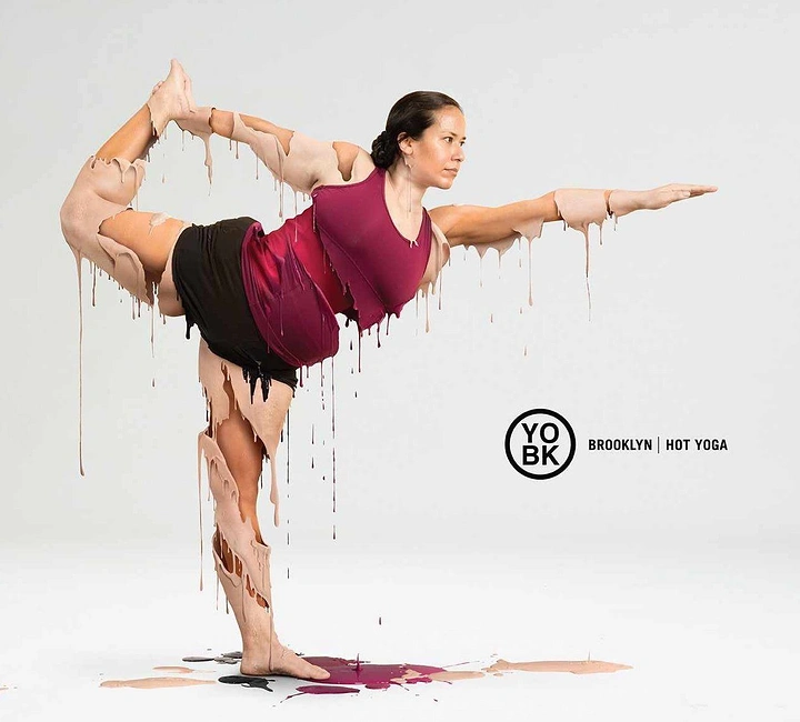 Yoga Studios creative ad: Woman in dancer yoga pose whose body and clothes are melting and dripping