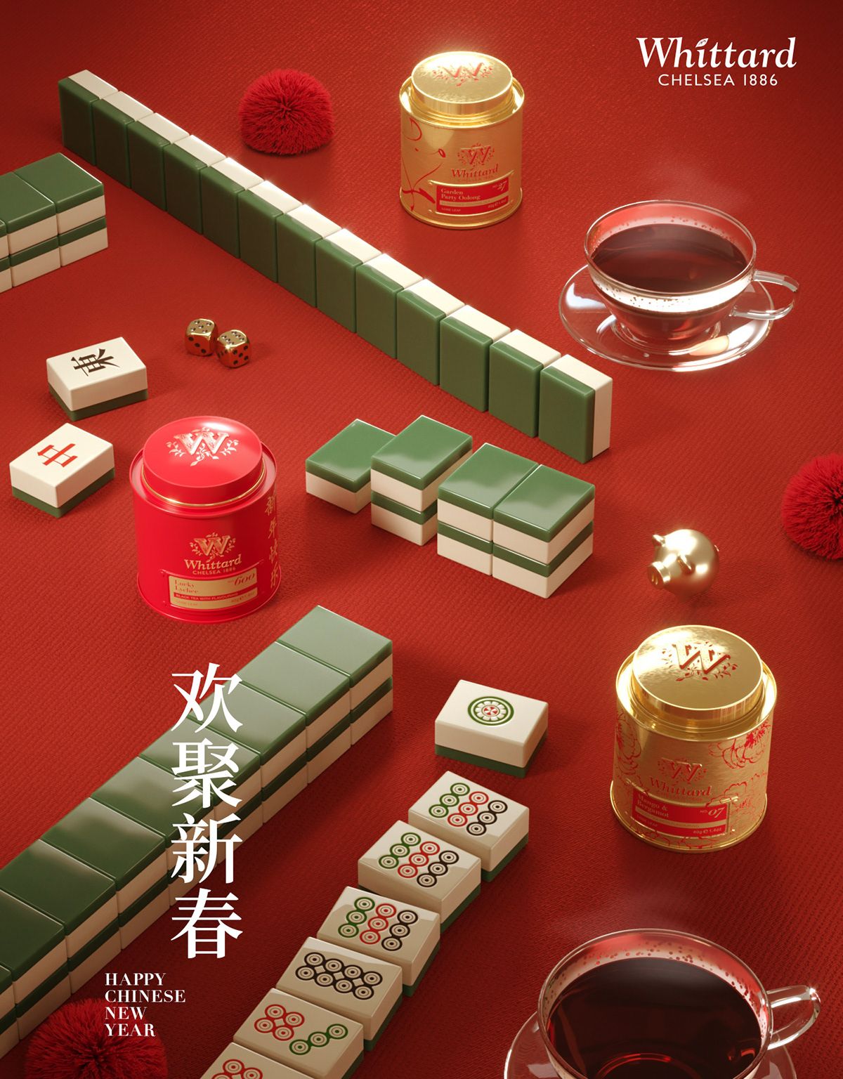 Lunar New Year Instagram post: Mahjong tiles and tea tins on red felt